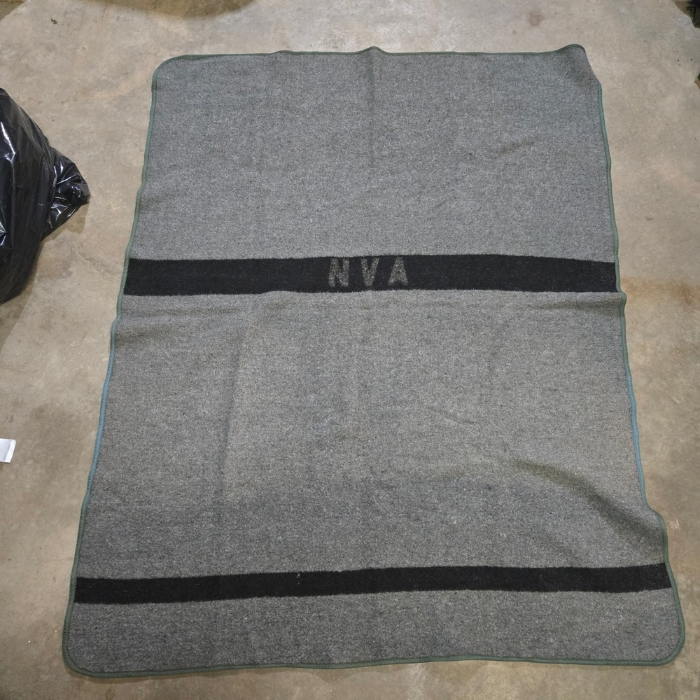 Vintage NVA East German Military Wool Blanket Grey Black Stripe 68"x54"